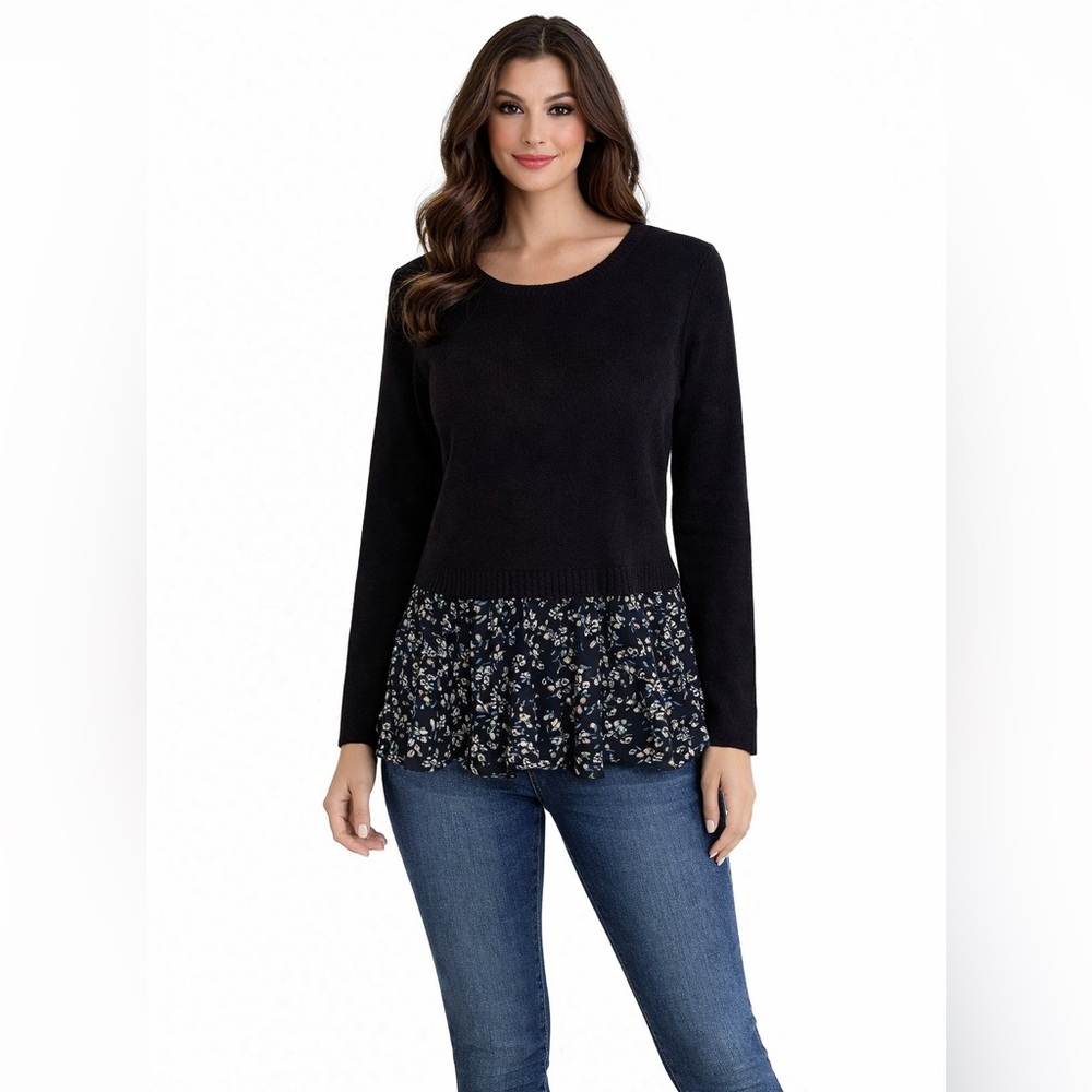 LC LAUREN CONRAD Black Multi Floral Twofer Layered Mixed Media Sweater
